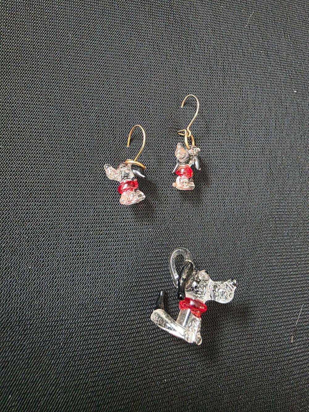 Handmade Glass Dog Earrings And Pendant Red Collar Clear Black